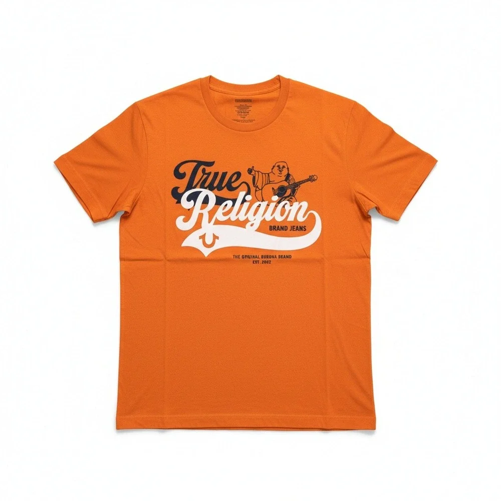 True‎ Religion Mens Orange Buddha Guitar Graphic T Shirt Medium Style 700042